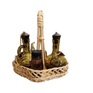 Vintage Amber glass  French condiment set in basket
